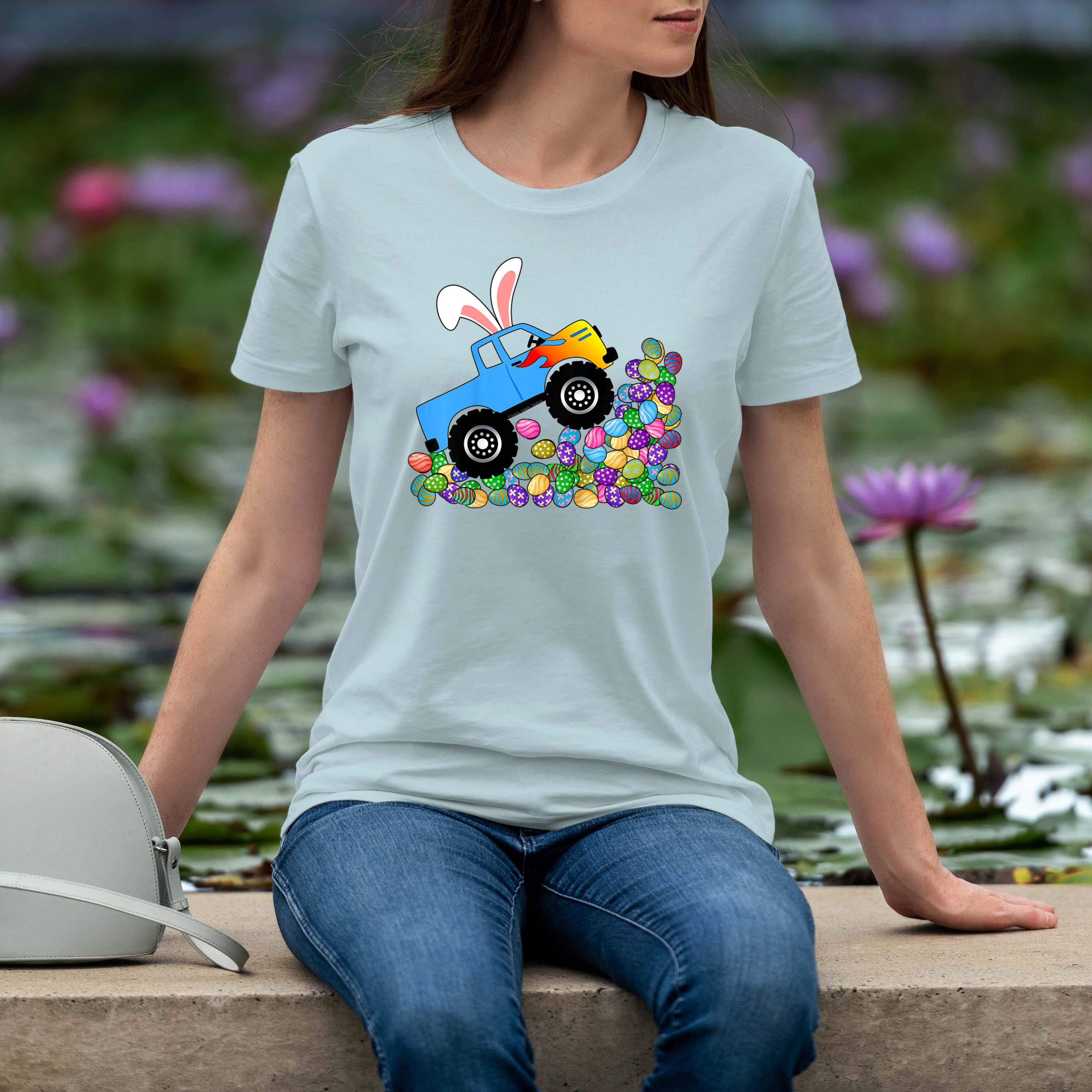 Blue Monster Truck Climbing Easter Eggs Kids Shirt 